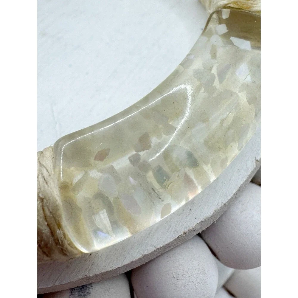 Vtg Lucite Bangle Bracelet Iridescent Inclusions Mother Of Pearl Twine Wrapped